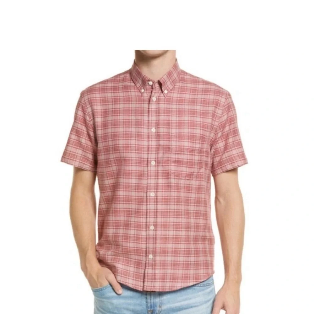 Billy Red Men’s Medium Slim Red Plaid Short Sleeve Button Down, light weight - Picture 11 of 11